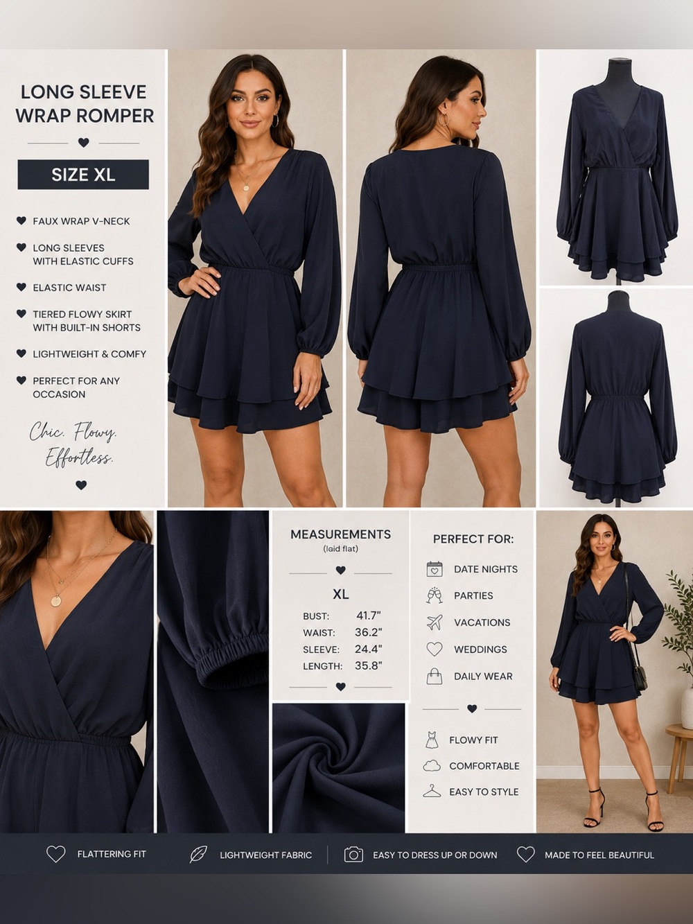Source Unknown Navy Long Sleeve Wrap Romper Dress